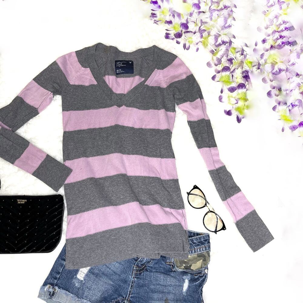 AEO V-Neck Long Sleeve Gray Purple Striped Top XS
